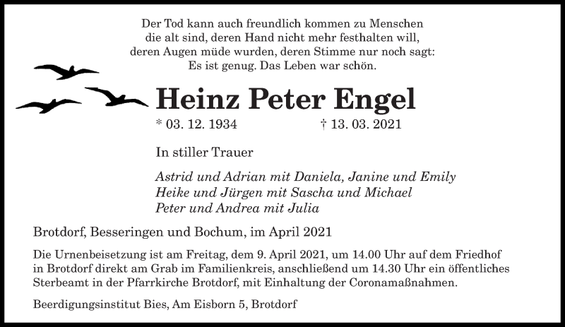  Traueranzeige für Heinz Peter Engel vom 07.04.2021 aus saarbruecker_zeitung