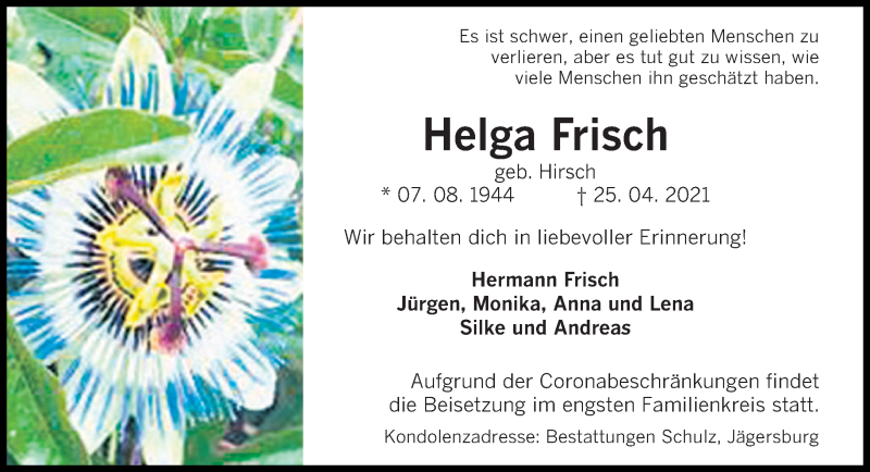  Traueranzeige für Helga Frisch vom 29.04.2021 aus saarbruecker_zeitung