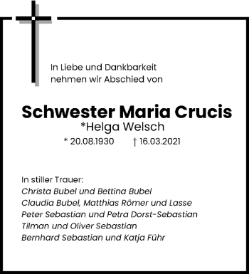 Traueranzeige von Helga Welsch von saarbruecker_zeitung