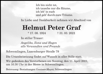 Traueranzeige von Helmut Peter Graf von saarbruecker_zeitung
