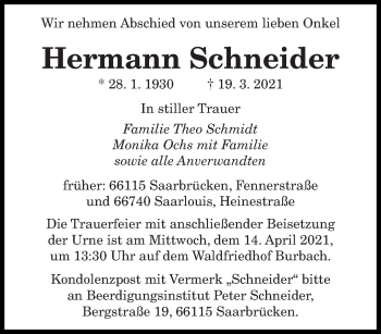 Traueranzeige von Hermann Schneider von saarbruecker_zeitung