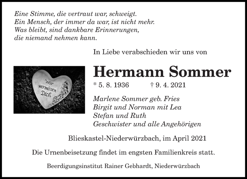  Traueranzeige für Hermann Sommer vom 16.04.2021 aus saarbruecker_zeitung