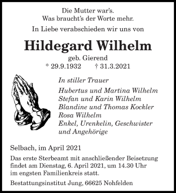 Traueranzeige von Hildegard Wilhelm von saarbruecker_zeitung