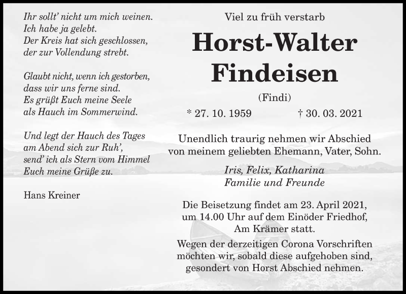  Traueranzeige für Horst-Walter Findeisen vom 21.04.2021 aus saarbruecker_zeitung
