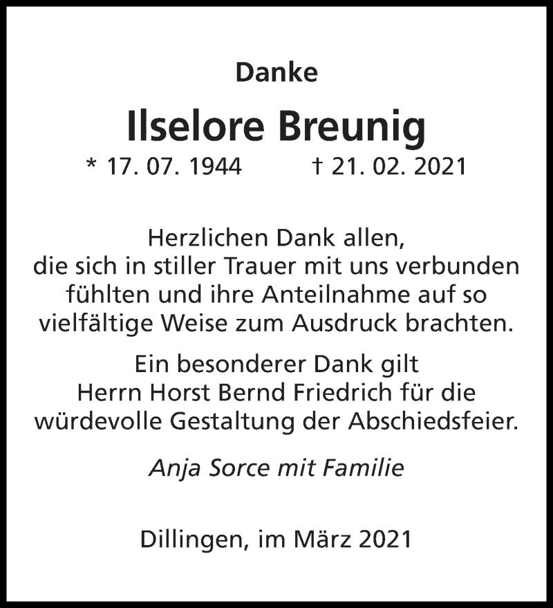  Traueranzeige für Ilselore Breunig vom 03.04.2021 aus saarbruecker_zeitung