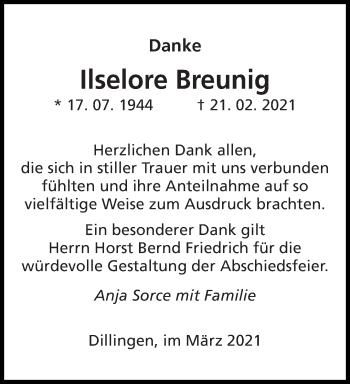 Traueranzeige von Ilselore Breunig von saarbruecker_zeitung