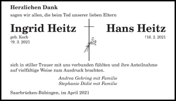 Traueranzeige von Ingrid und Hans Heitz von saarbruecker_zeitung
