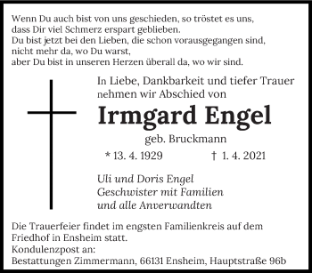 Traueranzeige von Irmgard Engel von saarbruecker_zeitung