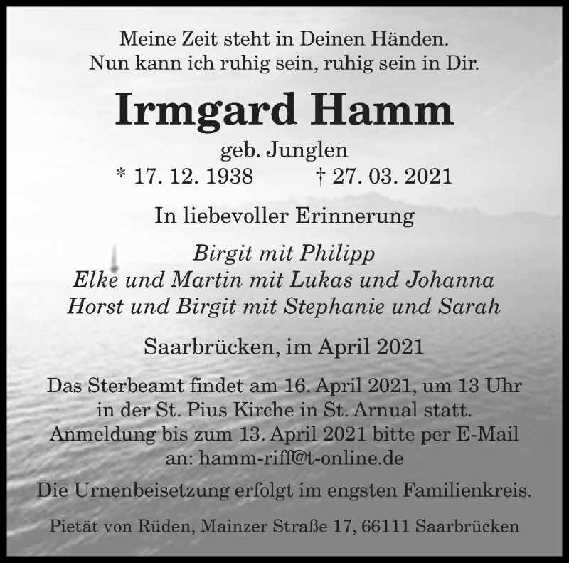  Traueranzeige für Irmgard Hamm vom 10.04.2021 aus saarbruecker_zeitung
