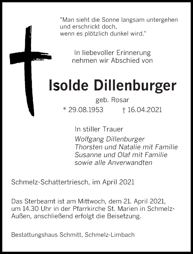  Traueranzeige für Isolde Dillenburger vom 19.04.2021 aus saarbruecker_zeitung