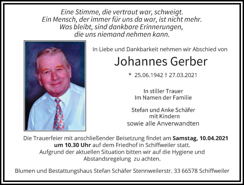  Traueranzeige für Johannes Gerber vom 03.04.2021 aus saarbruecker_zeitung
