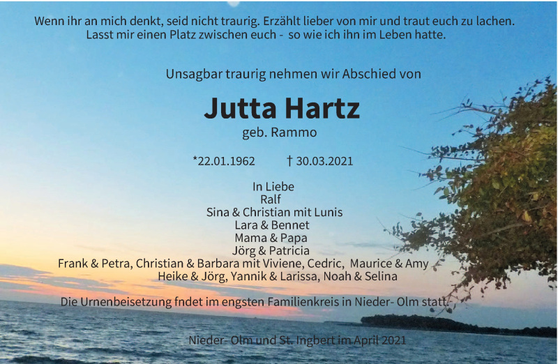  Traueranzeige für Jutta Hartz vom 10.04.2021 aus saarbruecker_zeitung