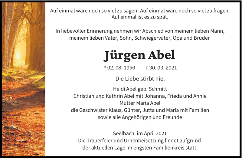  Traueranzeige für Jürgen Abel vom 03.04.2021 aus saarbruecker_zeitung