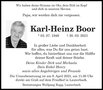 Traueranzeige von Karl-Heinz Boor von saarbruecker_zeitung