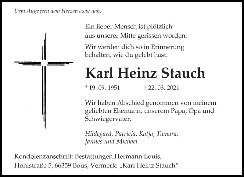  Traueranzeige für Karl Heinz Stauch vom 03.04.2021 aus saarbruecker_zeitung
