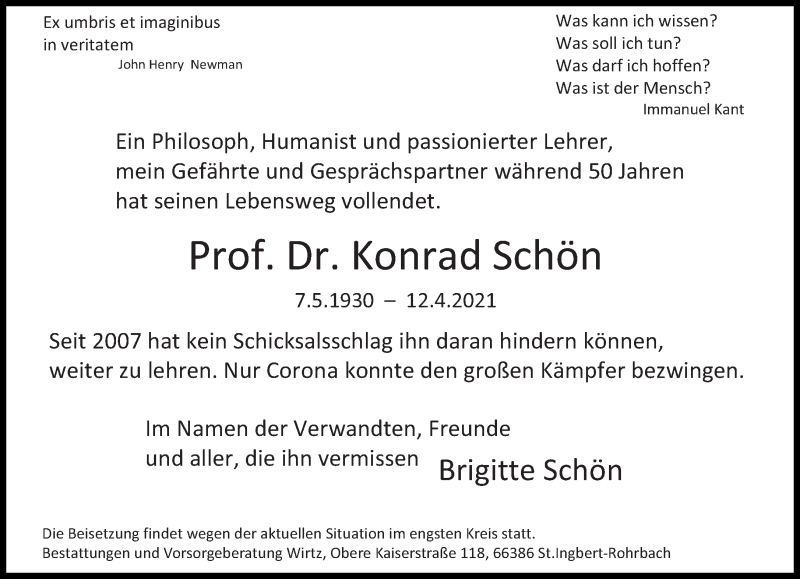  Traueranzeige für Konrad Schön vom 17.04.2021 aus saarbruecker_zeitung