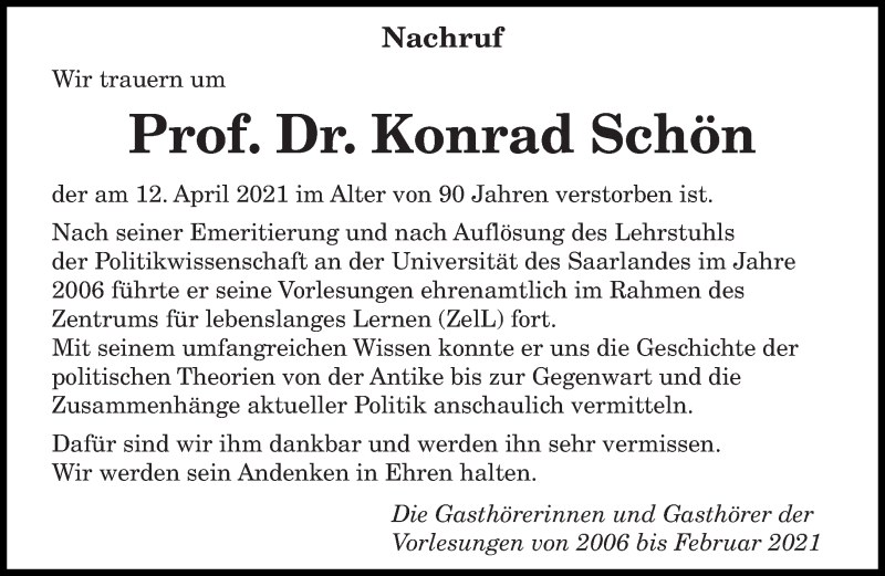  Traueranzeige für Konrad Schön vom 17.04.2021 aus saarbruecker_zeitung