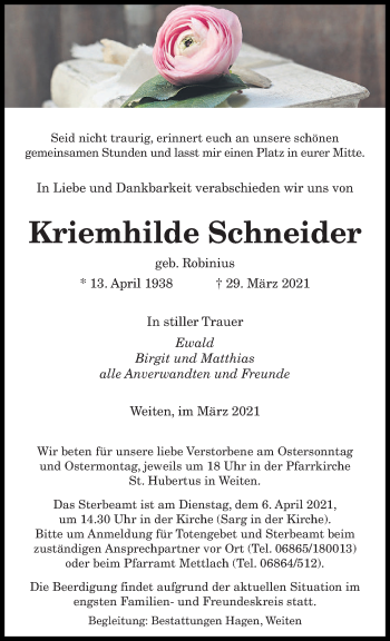 Traueranzeige von Kriemhilde Schneider von saarbruecker_zeitung