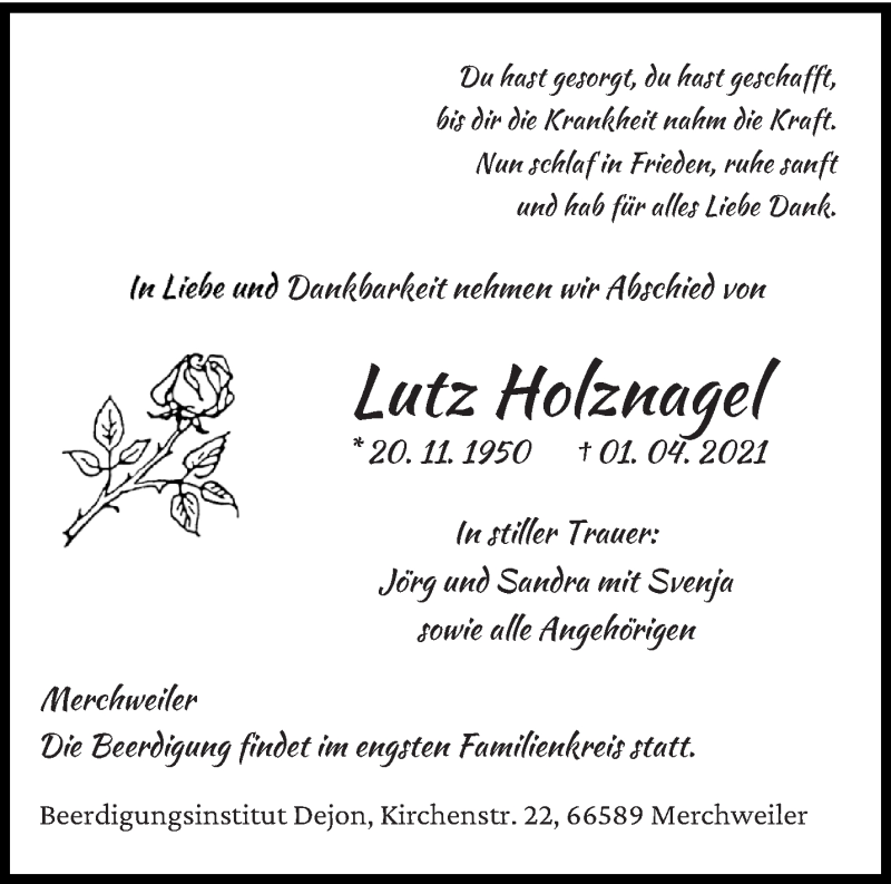  Traueranzeige für Lutz Holznagel vom 07.04.2021 aus saarbruecker_zeitung