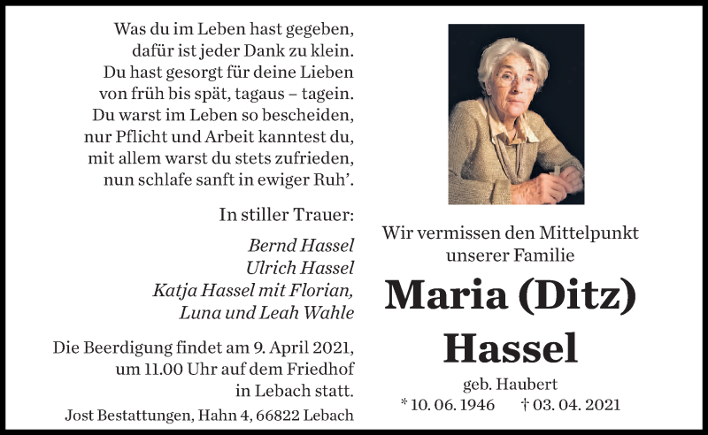  Traueranzeige für Maria Hassel vom 07.04.2021 aus saarbruecker_zeitung