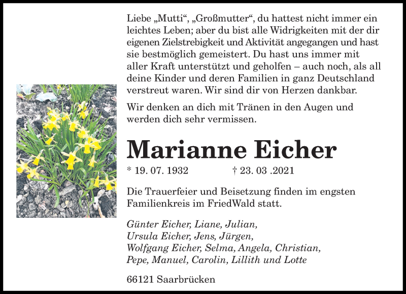  Traueranzeige für Marianne Eicher vom 17.04.2021 aus saarbruecker_zeitung