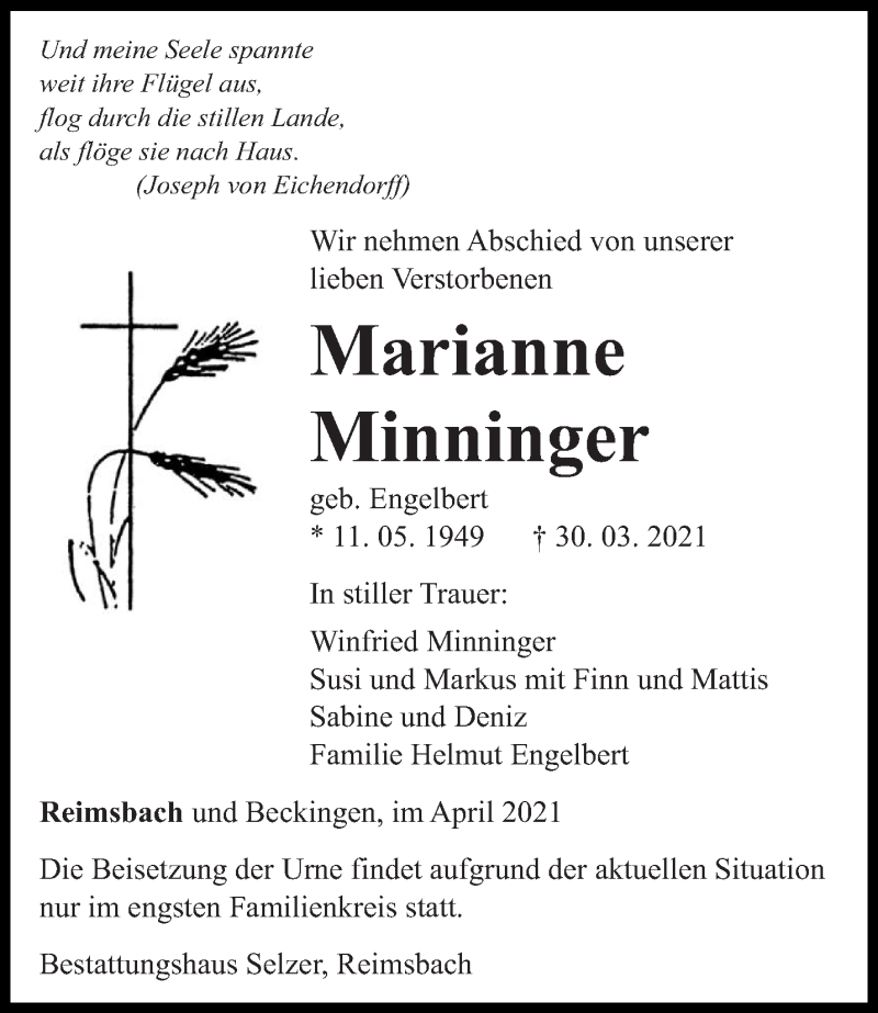 Traueranzeige für Marianne Minninger vom 07.04.2021 aus saarbruecker_zeitung