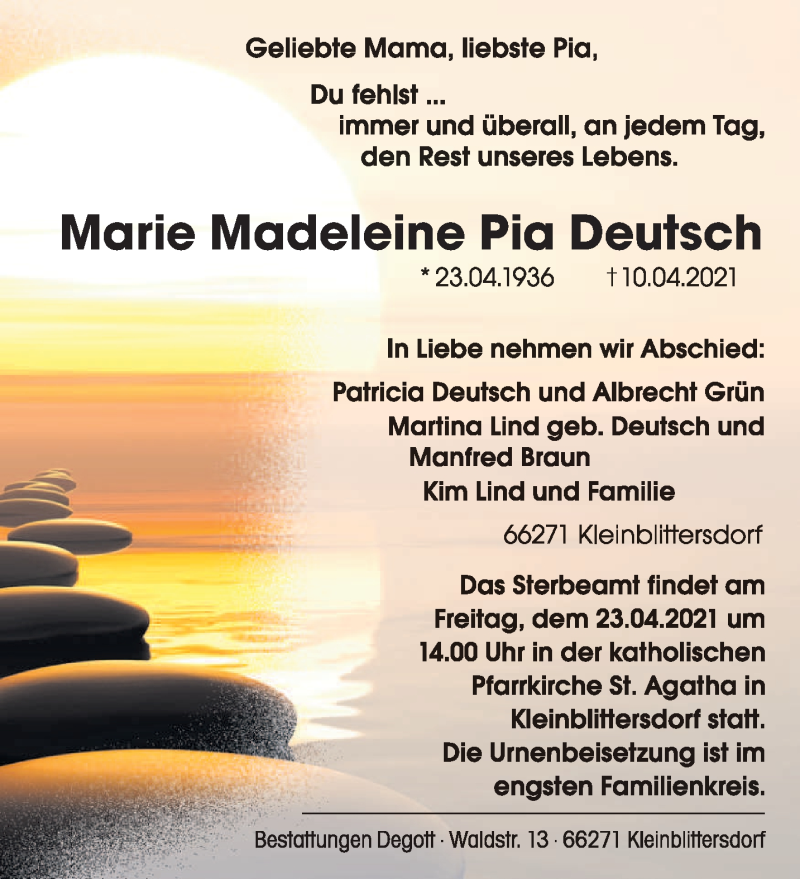  Traueranzeige für Marie Madeleine Pia Deutsch vom 17.04.2021 aus saarbruecker_zeitung