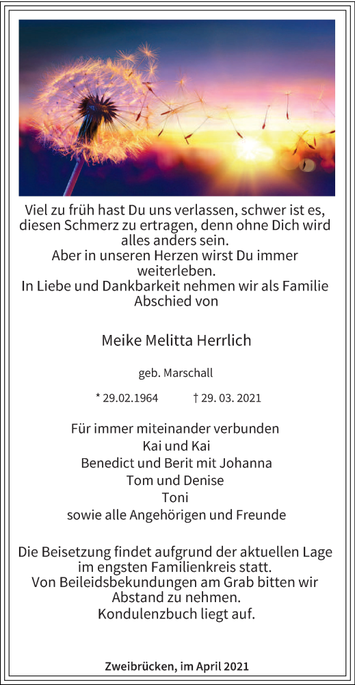  Traueranzeige für Meike Melitta Herrlich vom 14.04.2021 aus saarbruecker_zeitung