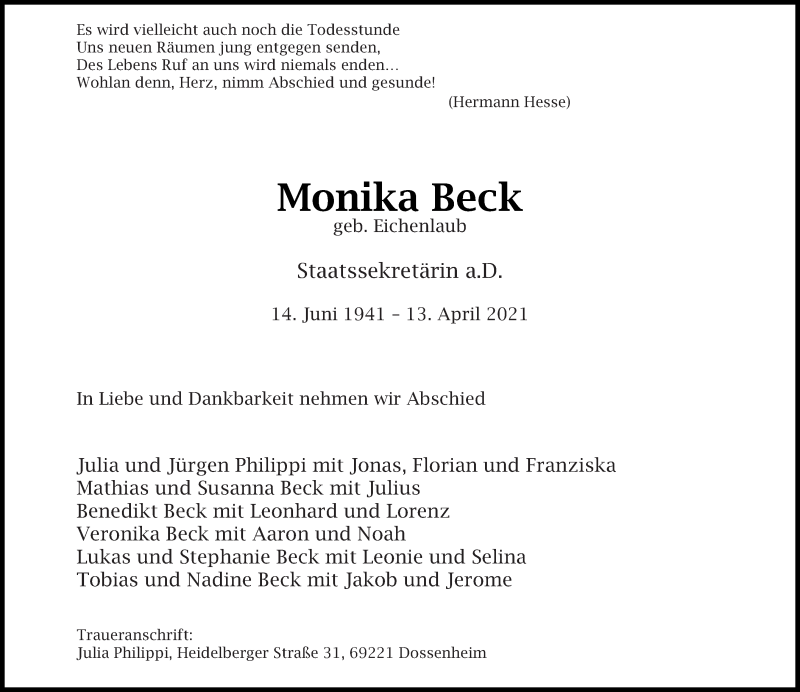 Traueranzeige für Monika Beck vom 17.04.2021 aus saarbruecker_zeitung