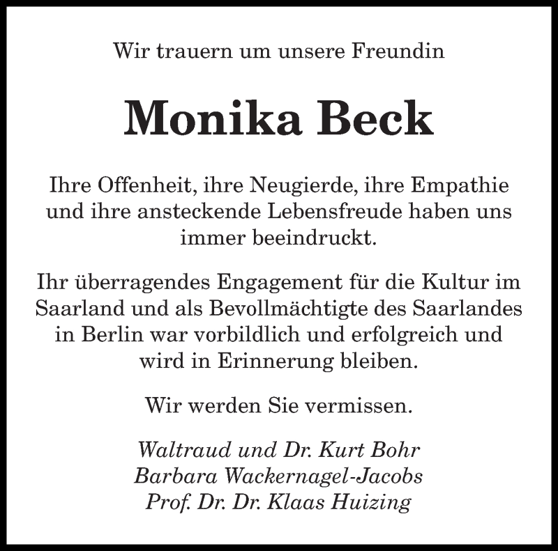  Traueranzeige für Monika Beck vom 17.04.2021 aus saarbruecker_zeitung