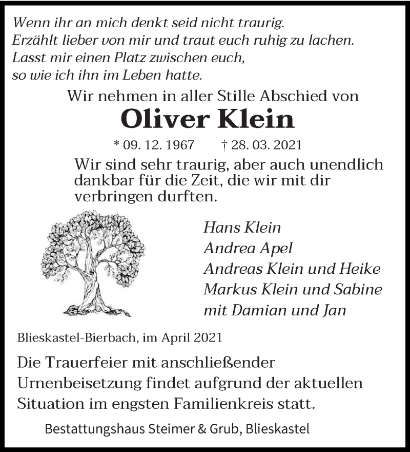  Traueranzeige für Oliver Klein vom 10.04.2021 aus saarbruecker_zeitung