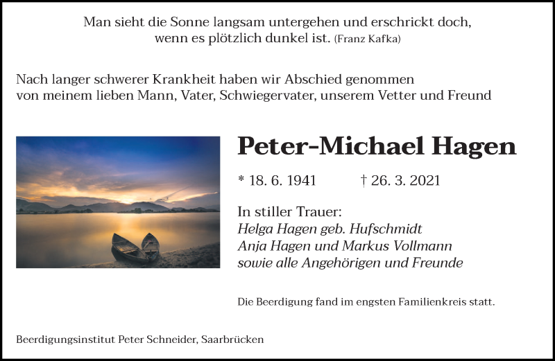  Traueranzeige für Peter-Michael Hagen vom 10.04.2021 aus saarbruecker_zeitung