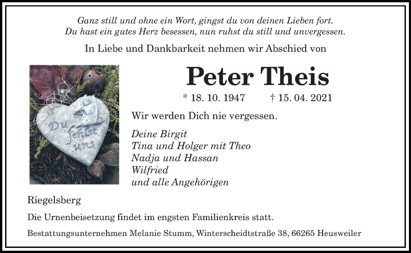  Traueranzeige für Peter Theis vom 24.04.2021 aus saarbruecker_zeitung
