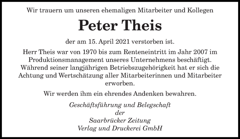  Traueranzeige für Peter Theis vom 24.04.2021 aus saarbruecker_zeitung