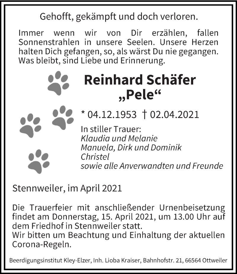  Traueranzeige für Reinhard Schäfer vom 12.04.2021 aus saarbruecker_zeitung