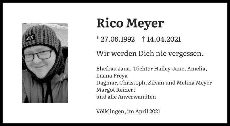  Traueranzeige für Rico Meyer vom 22.04.2021 aus saarbruecker_zeitung