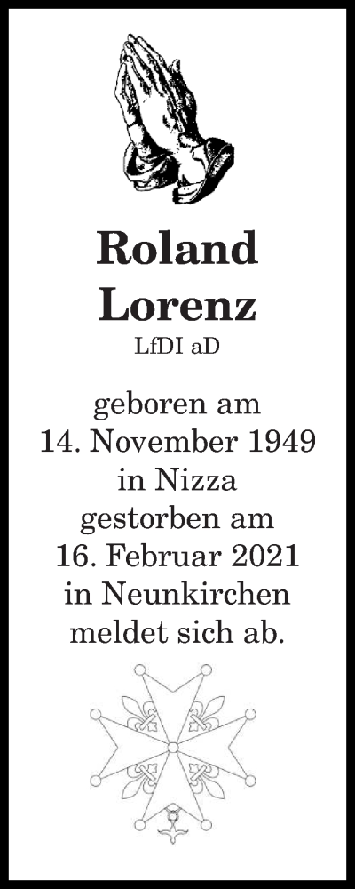  Traueranzeige für Roland Lorenz vom 01.04.2021 aus saarbruecker_zeitung