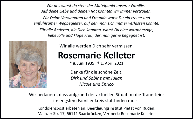  Traueranzeige für Rosemarie Kelleter vom 07.04.2021 aus saarbruecker_zeitung