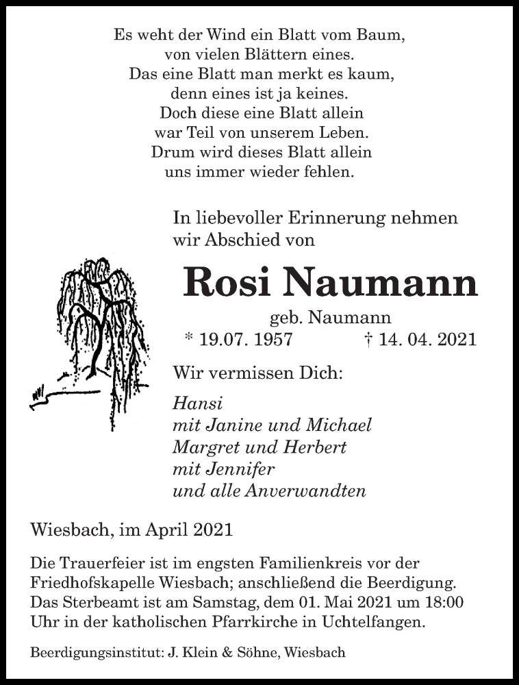  Traueranzeige für Rosi Naumann vom 17.04.2021 aus saarbruecker_zeitung