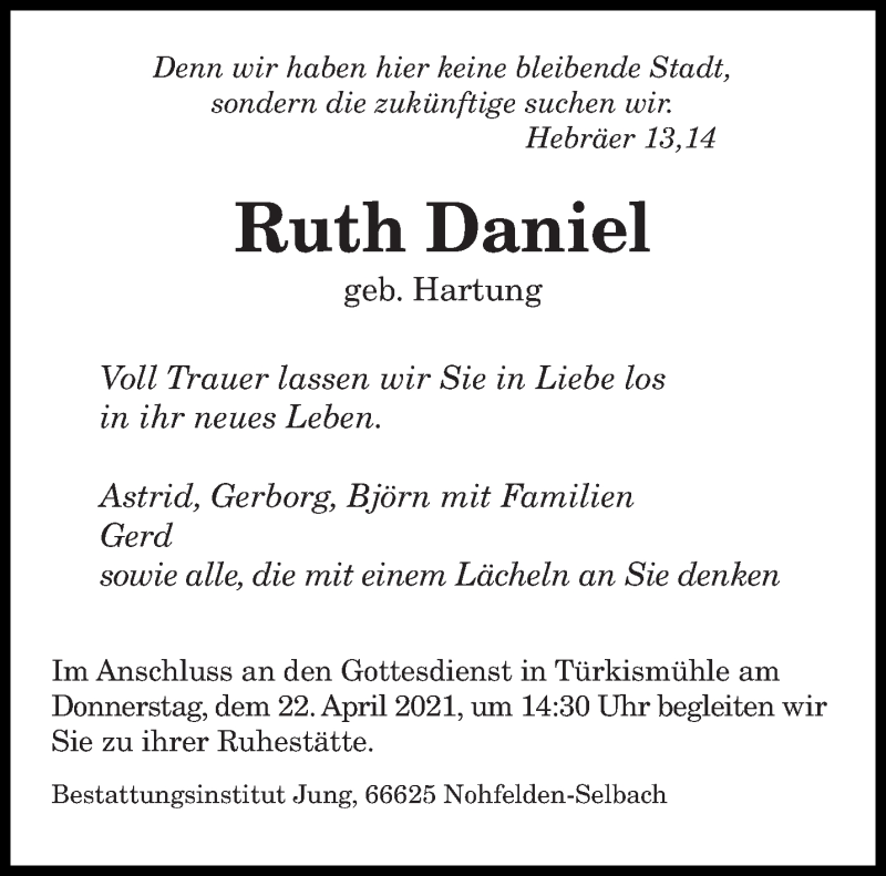  Traueranzeige für Ruth Daniel vom 21.04.2021 aus saarbruecker_zeitung