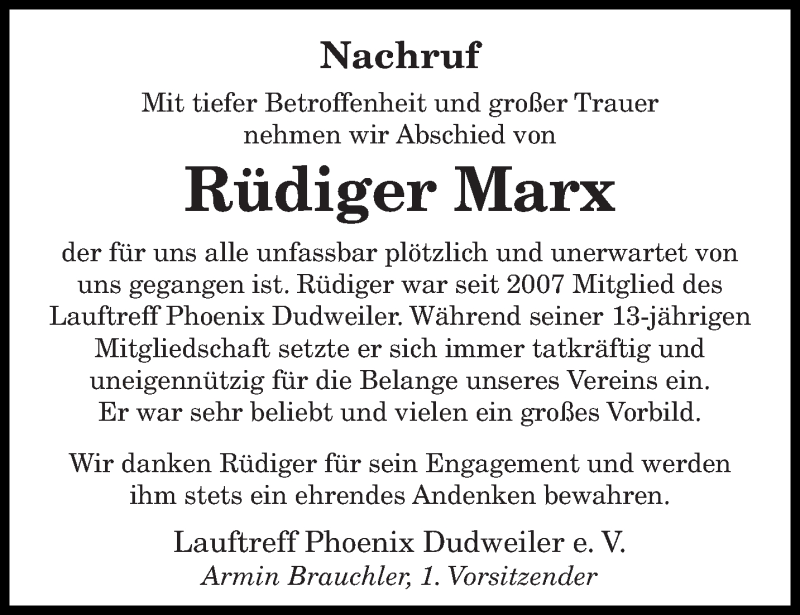  Traueranzeige für Rüdiger Marx vom 24.04.2021 aus saarbruecker_zeitung