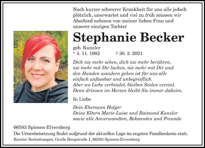 Traueranzeige für Stephanie Becker vom 10.04.2021 aus saarbruecker_zeitung