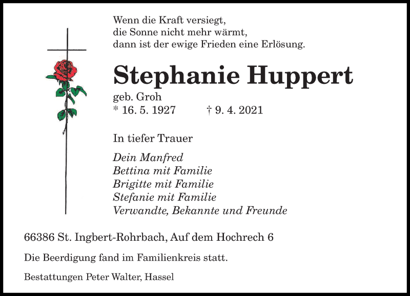  Traueranzeige für Stephanie Huppert vom 17.04.2021 aus saarbruecker_zeitung