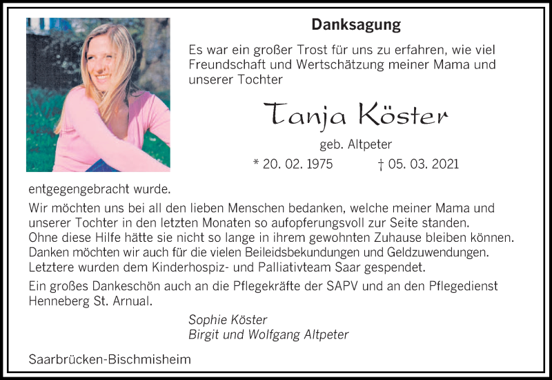  Traueranzeige für Tanja Köster vom 03.04.2021 aus saarbruecker_zeitung