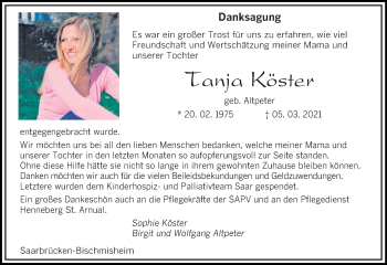 Traueranzeige von Tanja Köster von saarbruecker_zeitung