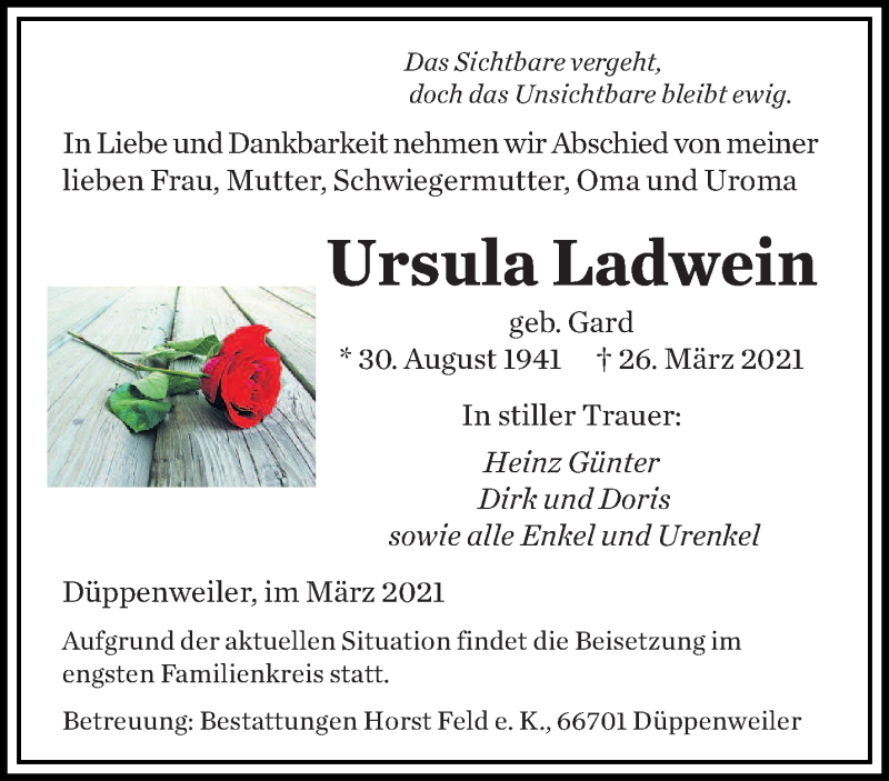  Traueranzeige für Ursula Ladwein vom 07.04.2021 aus saarbruecker_zeitung