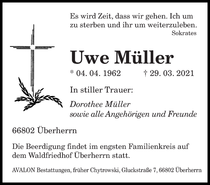  Traueranzeige für Uwe Müller vom 03.04.2021 aus saarbruecker_zeitung