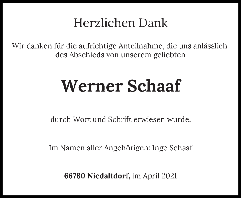 Traueranzeige für Werner Schaaf vom 17.04.2021 aus saarbruecker_zeitung