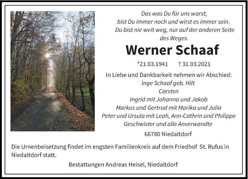 Traueranzeige für Werner Schaaf vom 07.04.2021 aus saarbruecker_zeitung