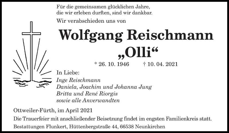  Traueranzeige für Wolfgang Reischmann vom 13.04.2021 aus saarbruecker_zeitung